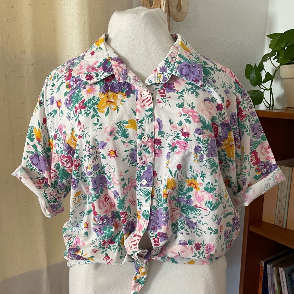 Vintage Floral Colorful Boho Button Down Shirt L